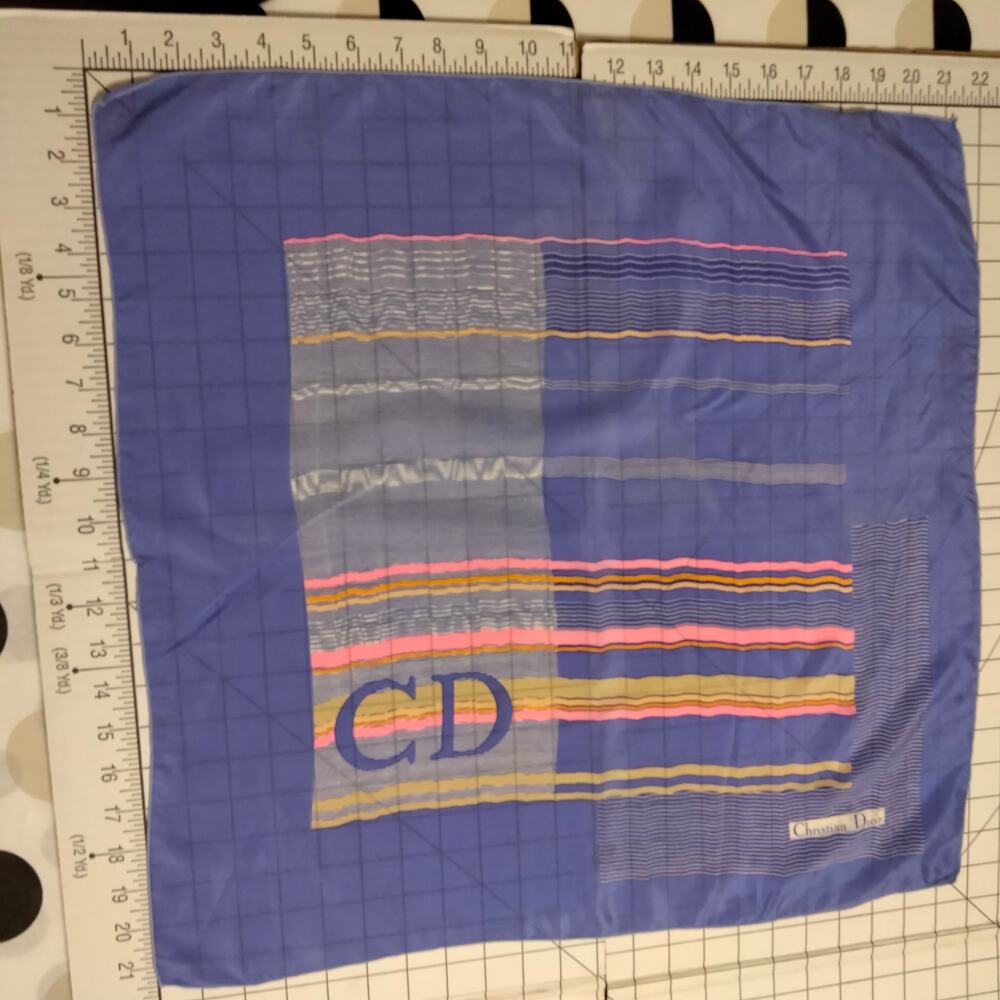 Christian Dior Vintage 80s Periwinkle & Multicolor 100% Silk Scarf - Picture 3 of 7